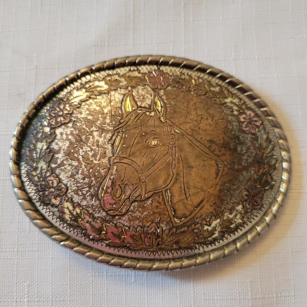 W Belt Buckle Horse Head Floral Rope Edge Vintage USA Made Western Cowboy Rodeo